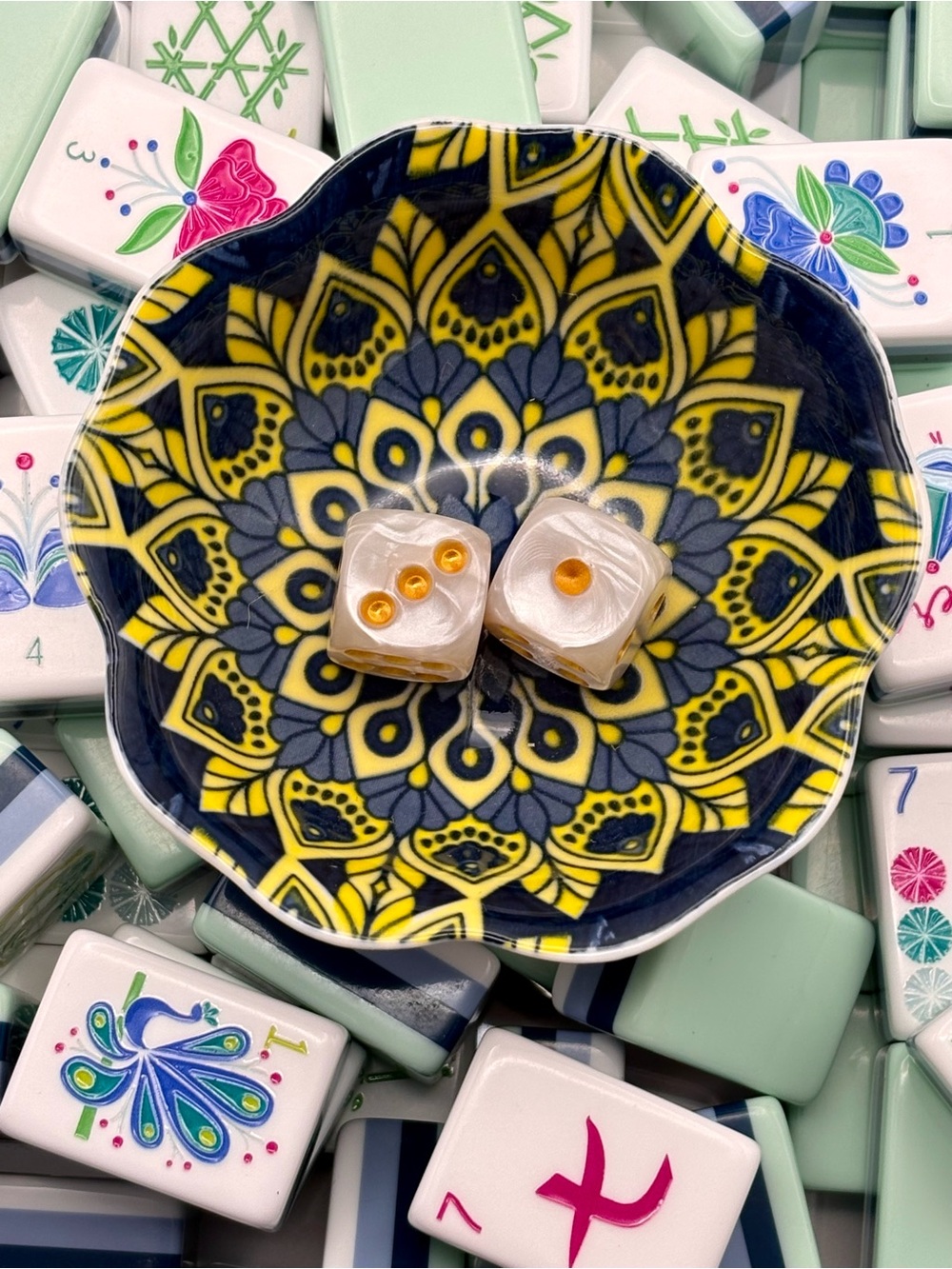 Mahjong Tiles Ceramic Dice Dish Blue and Yellow